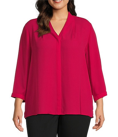 Investments Plus Size Caroline Signature V-Neck 3/4 Sleeve Button Front Top