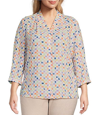 Investments Plus Size Caroline Signature Watercolor Gingham V-Neck 3/4 Sleeve Button Front Top