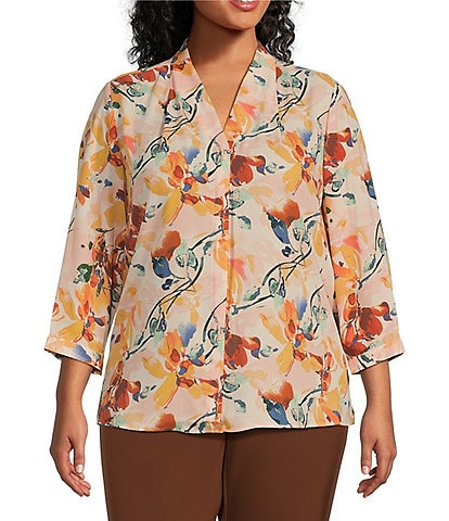 Investments Plus Size Caroline Signature Whimsy Floral Print V-Neck 3/4 Sleeve Button Front Top