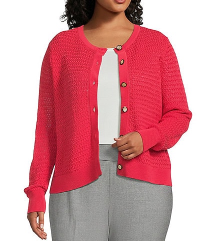 Investments Plus Size Charlotte Crew Neck Long Sleeve Button Front Cardigan