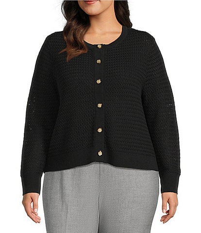Investments Plus Size Charlotte Crew Neck Long Sleeve Button Front Cardigan