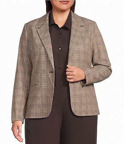 Investments Plus Size Coffee Plaid Long Sleeve Button Front Blazer