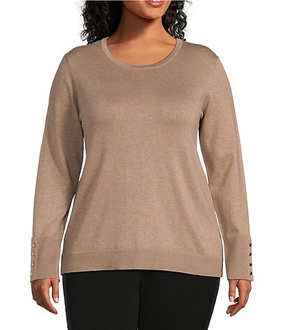 Investments Plus Size Crew Neck Long Sleeve Button Cuff Sweater