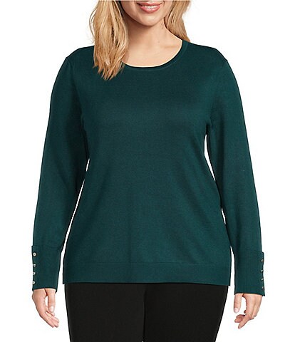 Investments Plus Size Crew Neck Long Sleeve Button Cuff Sweater