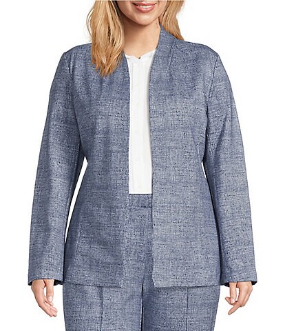 Investments Plus Size Signature Ponte Blue White Crosshatch Long Sleeve Open Front Jacket