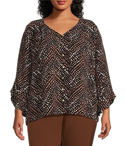 Investments Plus Size Abstract Dashed Chevron Print Woven Faux Button Front V-Neck 3/4 Flare Ruffle Sleeve Top