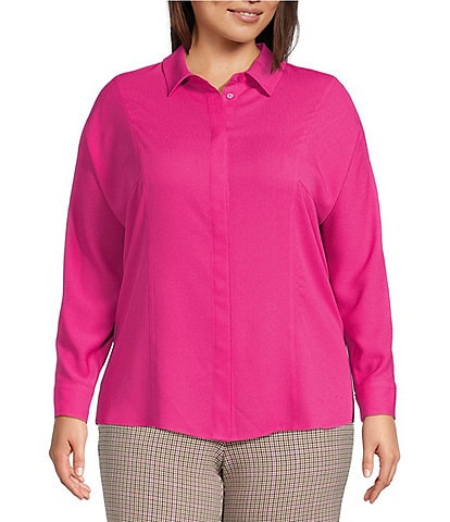 Investments Plus Size Dolman Long Sleeve Button Front Point Collar Blouse