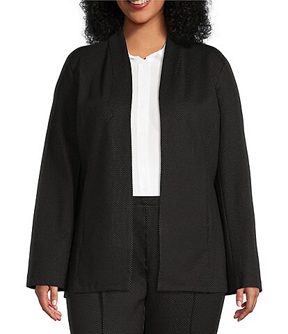 Investments Plus Size Signature Ponte Black and White Dot Print Long Sleeve Open Front Jacket