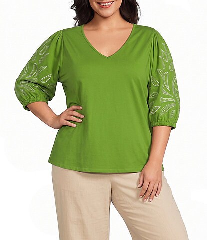 Investments Plus Size Elbow Sleeve Embroidery V-Neck Knit Top
