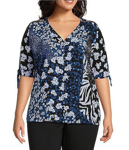 Investments Plus Size Floral Patchwork Print Woven V-Neck 3/4 Tie Sleeve Top