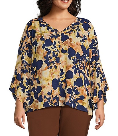 Investments Plus Size Floral Shadows Abstract Print Woven Faux Button Front V-Neck 3/4 Flare Ruffle Sleeve Top