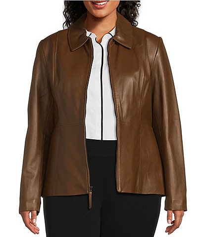 Investments Plus Size Genuine Lamb Leather Long Sleeve Point Collar Zip Front Moto Jacket