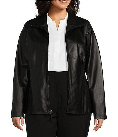 Investments Plus Size Genuine Lamb Leather Long Sleeve Wing Collar Zip Front Jacket