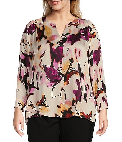 Investments Plus Size Gestural Petals Print Woven Inverted Pleat V-Neck 3/4 Sleeve Top
