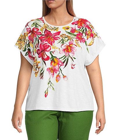 Investments Plus Size Hanging Floral Short Sleeve Embellished Novelty Crew Neck Top