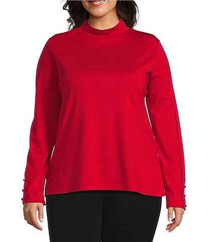 Investments Plus Size Knit Mock Neck Long Button Sleeve Top