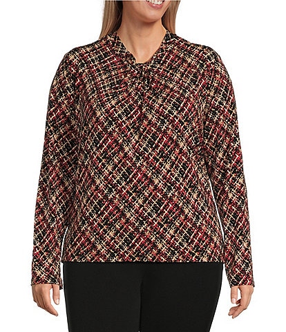 Investments Plus Size Knit Printed Tweed Long Sleeve Twist Neck Top