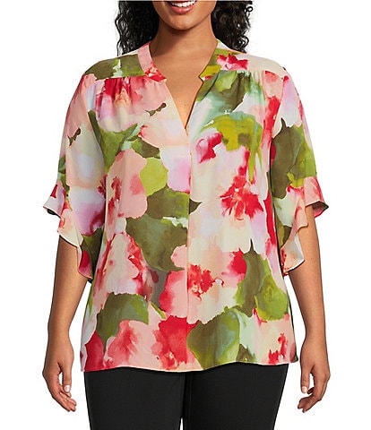 Investments Plus Size Laikyn Signature Floral Wash Print V-Neck 3/4 Ruffled Sleeve Top