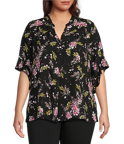 Investments Plus Size Laikyn Signature Tossed Botanic Print Banded Collar V-Neck Short Ruffled Sleeve Top