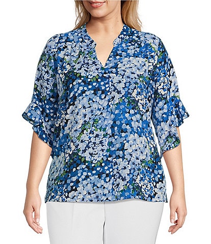 Investments Plus Size Laikyn Signature Upbeat Bloom Print V-Neck 3/4 Ruffled Sleeve Top