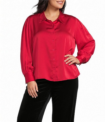 Investments Plus Size Long Cuffed Sleeve Point Collar Button Down Satin Top