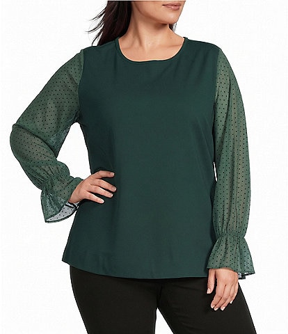 Investments Plus Size Long Mesh Dot Sleeve Crew Neck Ponte Top