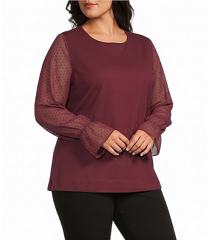 Investments Plus Size Long Mesh Dot Sleeve Crew Neck Ponte Top