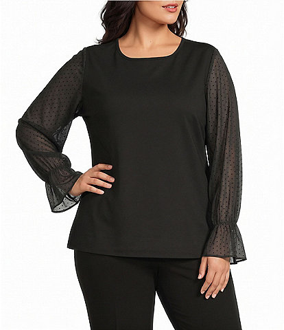 Investments Plus Size Long Mesh Dot Sleeve Crew Neck Ponte Top