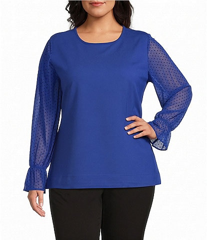 Investments Plus Size Long Mesh Dot Sleeve Crew Neck Ponte Top