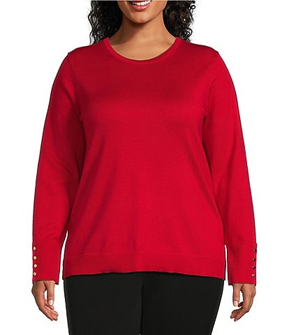 Investments Plus Size Long Sleeve Button Cuff Crew Neck Sweater