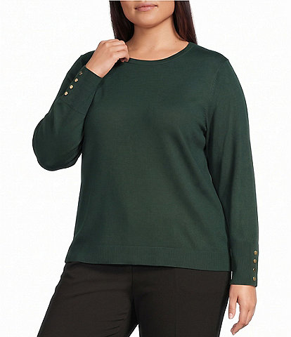 Investments Plus Size Long Sleeve Button Cuff Crew Neck Sweater