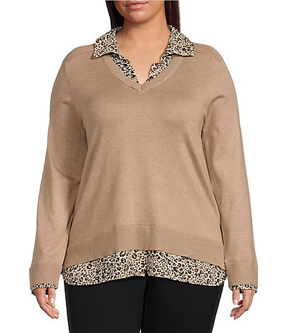 Investments Plus Size Long Sleeve V-Neck 2-fer Top