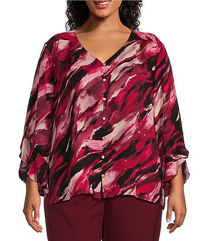 Investments Plus Size Marbled Beet Abstract Print Woven Faux Button Front V-Neck 3/4 Flare Ruffle Sleeve Top