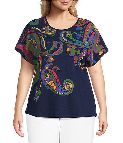 Investments Plus Size Multi Paisley Short Sleeve Embellished Novelty Crew Neck Top