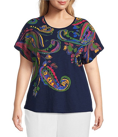 Investments Plus Size Multi Paisley Short Sleeve Embellished Novelty Crew Neck Top