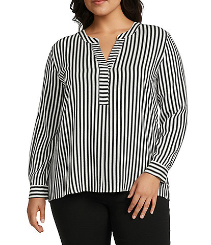 Investments Plus Size Nora Stripe Long Sleeve Y-Neck Drapey Twill Blouse