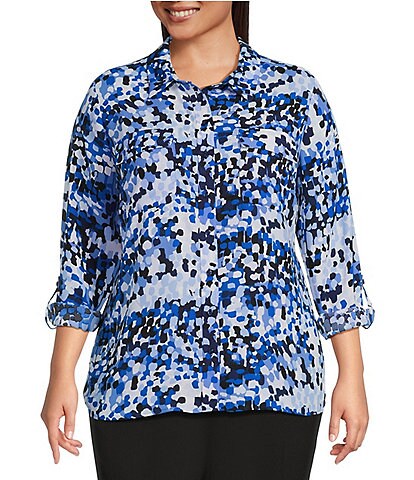 Investments Plus Size Olivia Blue Confetti Dot Print Point Collar Long Roll-Tab Sleeve Button Front Utility Blouse