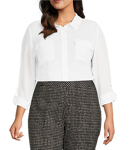 Investments Plus Size Olivia Point Collar Long Sleeve Button Front Roll-Tab Utility Blouse
