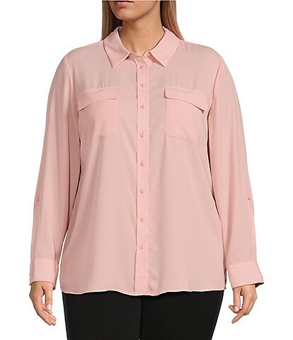 Investments Plus Size Olivia Point Collar Long Sleeve Button Front Roll-Tab Utility Blouse