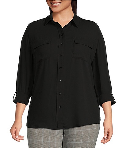 Liverpool Los Angeles Plus Size Oversized Classic Button-Down Stretch Cotton  Shirt