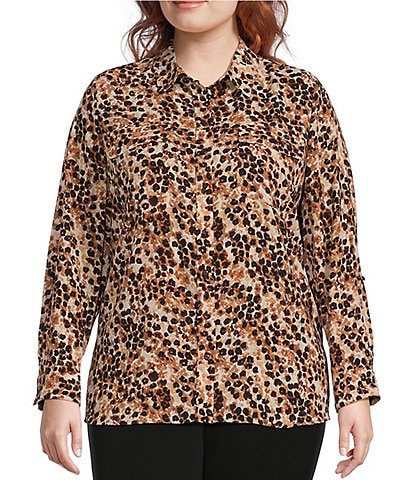 Investments Plus Size Olivia Point Collar Animal Layers Long Roll-Tab Sleeve Button Front Utility Blouse
