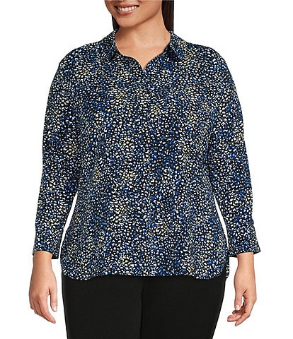 Investments Plus Size Paige Ditsy Print Point Collar 3/4 Sleeve Adjustable Cuff Top