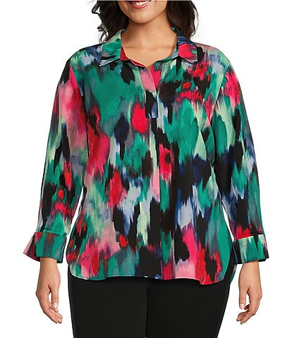 Investments Plus Size Paige Point Collar Ikat Blur 3/4 Adjustable Sleeve One Button Closure Top