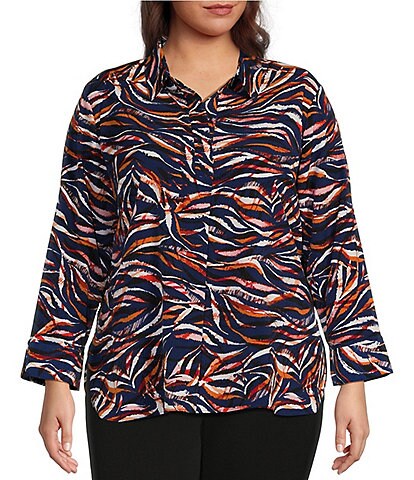 Investments Plus Size Paige Point Collar Zebra Ribbons 3/4 Adjustable Sleeve Top