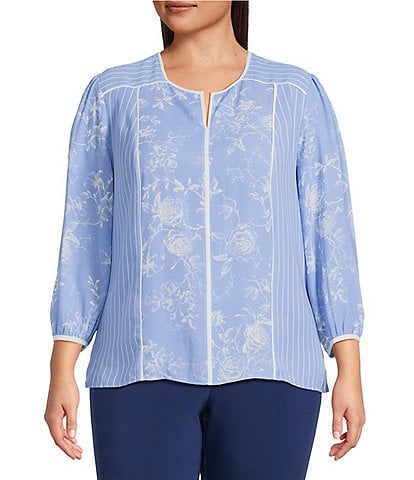 Investments Plus Size Paired Stripe Mixed Print 3/4 Sleeve Split Round Neck Blouse