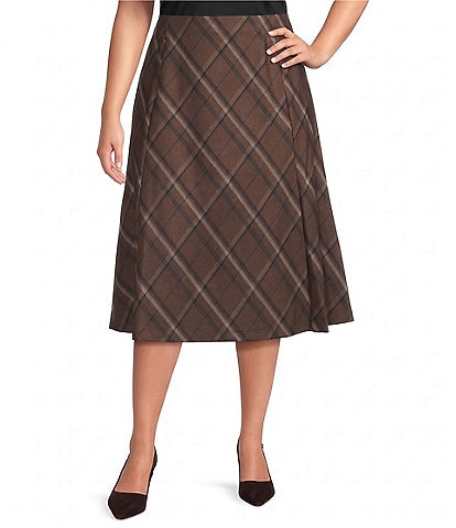 Investments Plus Size Pinecone Plaid Pull-On Ponte Midi Skirt