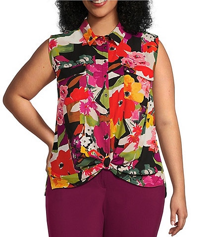 Investments Plus Size Point Collar Floral Sleeveless Button Tie Front Top