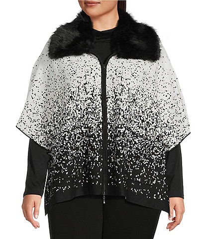 Investments Plus Size Removeable Faux Fur Collar Two-Way Zip Front Salt Pepper Sweater Poncho