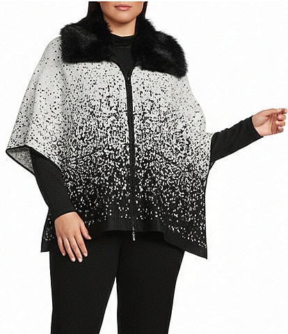 Investments Plus Size Removeable Faux Fur Collar Two-Way Zip Front Salt Pepper Sweater Poncho