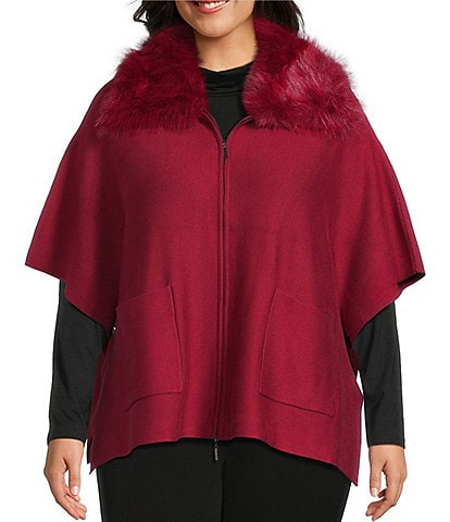 Investments Plus Size Removeable Faux Fur Collar Two-Way Zip Front Sweater Poncho
